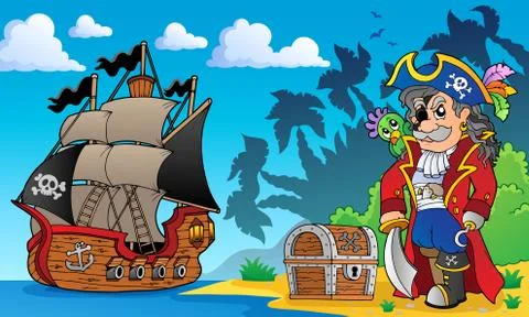 Pirate on coast theme - illustration. Stock Illustration
