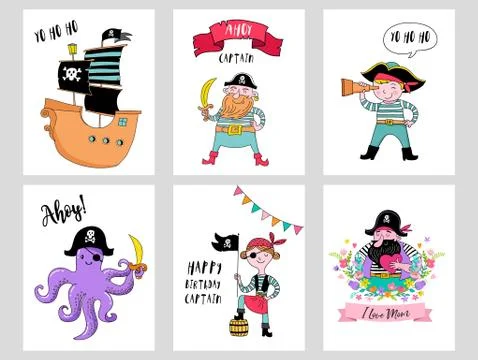 Pirate collection of hand drawn characters and icons イラスト素材