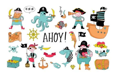 Pirate collection of hand drawn characters and icons イラスト素材