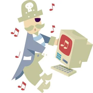 Pirate with Computer and Music Notes - Digital Fun and Technology Concept Stock Illustration