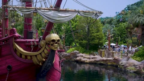 Pirate Cove Ship and Theme Park in Summer, Rack Focus Reveal Stock Footage 342837749
