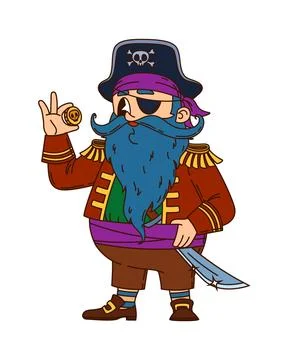 Pirate crew blue beard captain cartoon character Stock Illustration