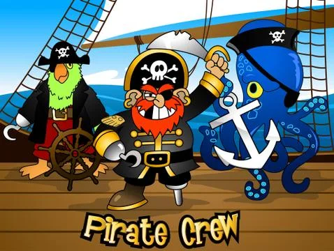 Pirate crew with the Captain on a ship deck Stock Illustration