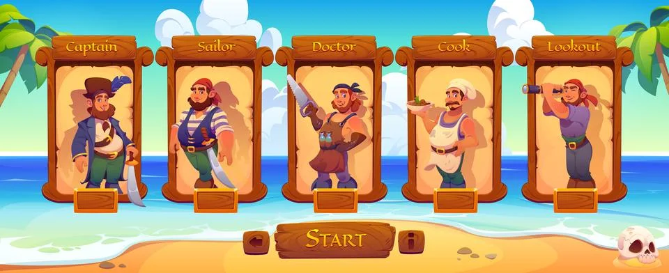 Pirate crew characters, game interface wood frames Stock Illustration