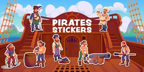 Pirate crew characters on ship deck stickers pack Stock Illustration