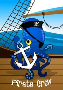 Pirate crew octopus holding an anchor Stock Illustration