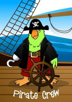 Pirate crew parrot with hook steering the ship Stock Illustration