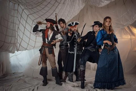 Pirate crew, pirate sailors, a group of different characters Stock Photos
