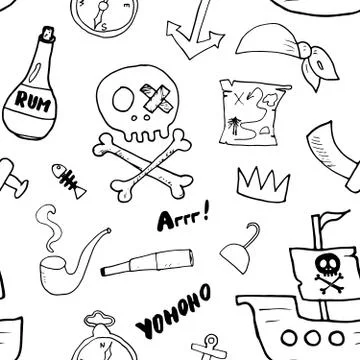 Pirate Doodles Seamless pattern. Cute pirate items sketch. Hand drawn Cartoon Illustrazione stock