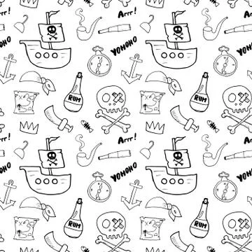 Pirate Doodles Seamless pattern. Cute pirate items sketch. Hand drawn Cartoon Illustrazione stock