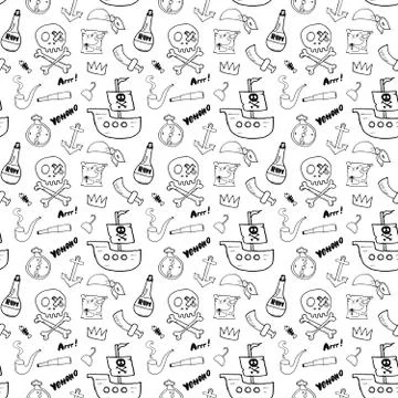 Pirate Doodles Seamless pattern. Cute pirate items sketch. Hand drawn Cartoon Stock Illustration