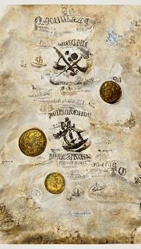Pirate doubloons on an old papyrus. Image of old coins on an ancient pirate map Stock Illustration