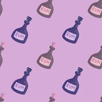 Pirate drink seamless pattern with rum bottle elements. Lilac pastel backgrou Stock Illustration
