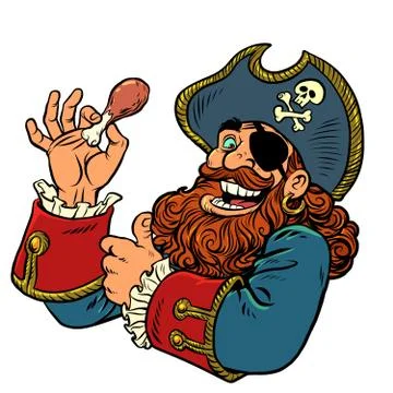 A pirate eats a chicken leg. fast food Illustrazione stock