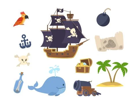 Pirate elements and accessories set, cartoon flat vector illustration isolated Stock Illustration