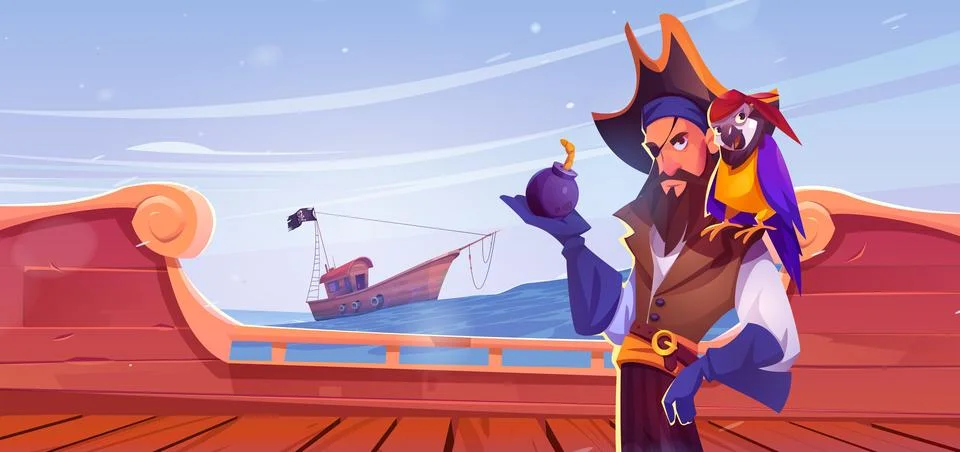 Pirate with eye patch, parrot and bomb on ship Stockillustratie