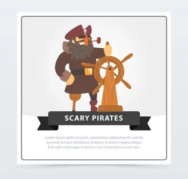 Pirate with eye patch at wheel, scary pirates banner, flat vector ilustration Stock Illustration