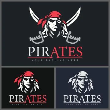 Pirate Face Head Mascot Logo Set with Crossed Swords Vector Illustration Stock Illustration