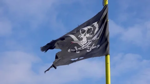 A pirate flag on a flagpole blows in the wind Stock Footage 262476371