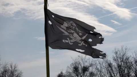A pirate flag on a flagpole blows in the wind slow motion Stock Footage 267437404