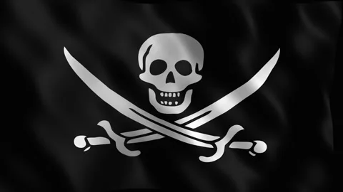 Pirate flag with skull and crossed cutlasses waving in the wind. 4K Video stock 344047149