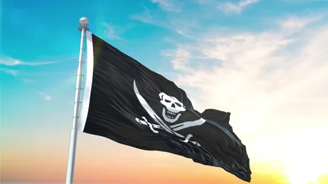 Pirate Flag Waving Realistic With Sky Stock Footage 301447904