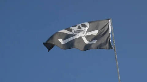 Pirate flag waving in wind on the blue clear sky back ground Video stock 104403467