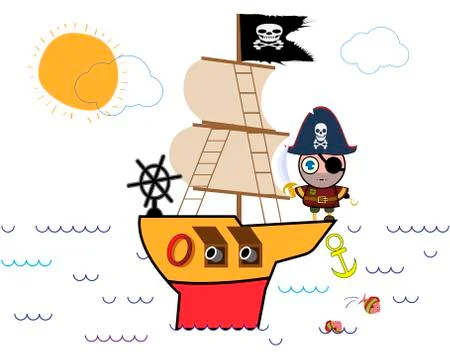 Pirate is floating on the ship. Vector illustration. Stock Illustration