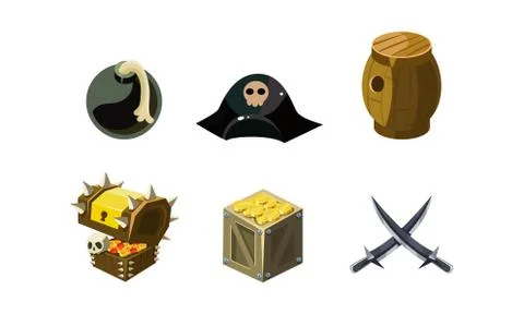 Pirate game elements set, bomb, hat, chest of gold, wooden barrel, crossed Stock Illustration