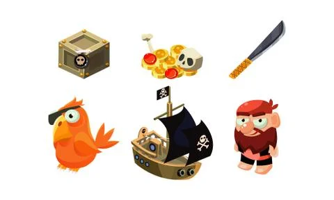 Pirate game elements set, chest, gold, saber, parrot, ship, user interface Stock Illustration