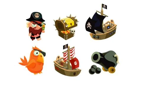 Pirate game elements set, user interface assets for mobile apps or video games Stock Illustration