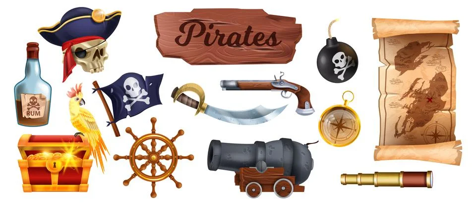 Pirate game icon set, vector cartoon corsair object, vintage parchment map 스톡 일러스트