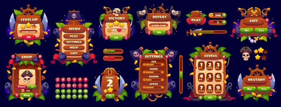 Pirate game interface buttons and icons, window Stock Illustration