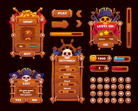 Pirate game UI menu interface panels, windows Stock Illustration