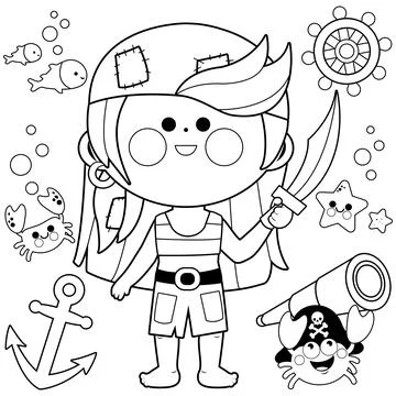 Pirate girl vector set. Vector black and white coloring page Stock Illustration
