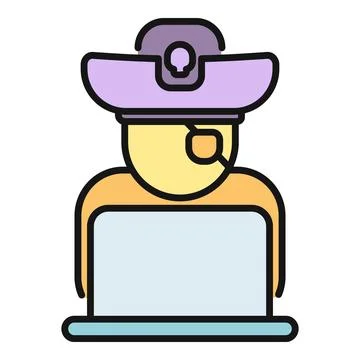 Pirate hacker with eyepatch using laptop for cybercrime 스톡 일러스트