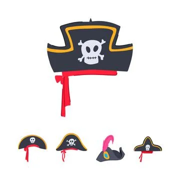 Pirate hats collection featuring skull insignia and tricorn designs Stock Illustration