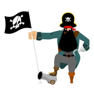 Pirate Hook and cannon. Eye patch and smoking pipe. filibuster cap. Bones an Stock Illustration
