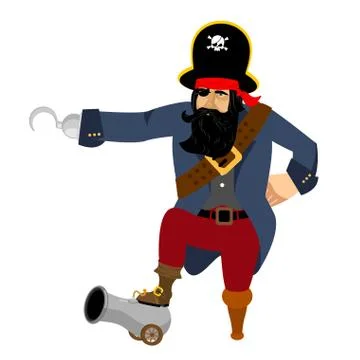 Pirate Hook and cannon. Eye patch and smoking pipe. filibuster cap. Bones an Stock Illustration