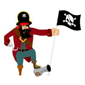 Pirate Hook and cannon. Eye patch and smoking pipe. filibuster cap. Bones an Stock Illustration