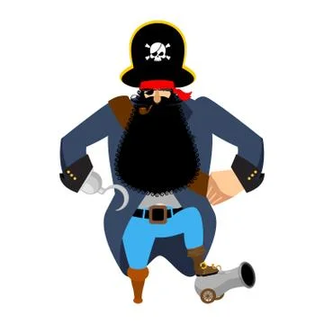 Pirate Hook and cannon. Eye patch and smoking pipe. filibuster cap. Bones an Stock Illustration