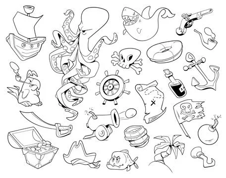 Pirate icon set. Comics style. Black and white image Stock Illustration