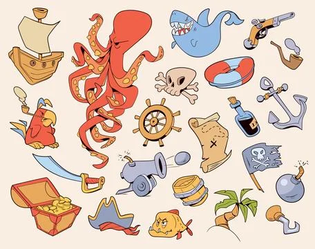 Pirate icon set. Comics style. Cartoon characters 库存插图