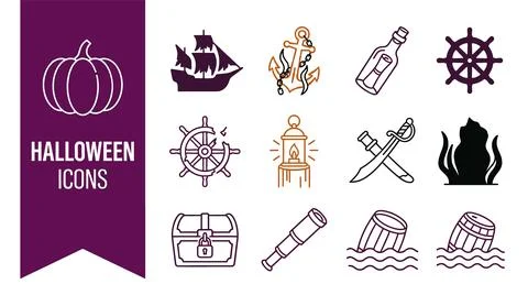 Pirate icons set including ghost ship anchor message in a bottle ship wheel.. Иллюстрация