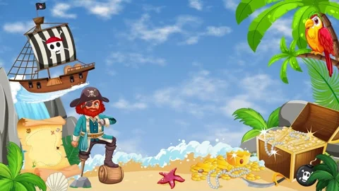 Pirate Island Cartoon Loop with Treasure Chest and Ship Stock Footage 346569759