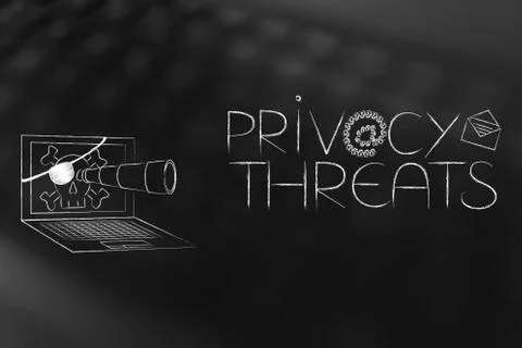 Pirate laptop with monocle next to text with @ symbol made of locks and email イラスト素材