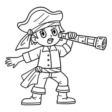 Pirate looking through Telescope Isolated Coloring Stock Illustration