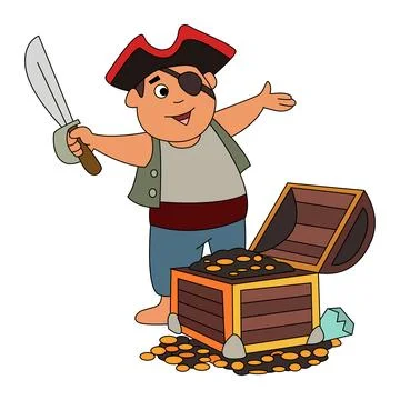 Pirate looking on treasure is smiling Stock Illustration