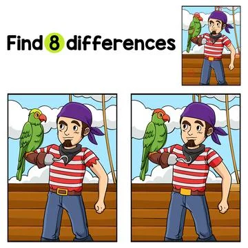 Pirate with Macaw Find The Differences Stock Illustration