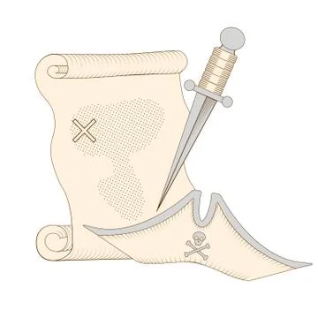 Pirate map and hat and dirk Illustrazione stock